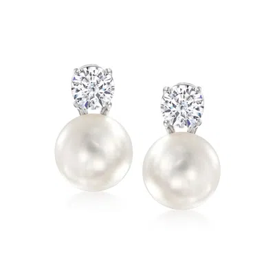 Ross-simons Italian 10.5-11mm Cultured Pearl And Cz Drop Earrings In Sterling Silver In Metallic