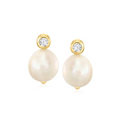 Ross-simons Italian 12-13mm Cultured Pearl And . Cz Drop Earrings In 18kt Gold Over Sterling