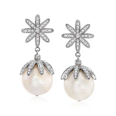 Ross-simons Italian 14-14.5mm Cultured Pearl And Cz Floral Drop Earrings In Sterling Silver In White
