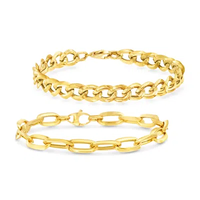 Ross-simons Italian 14kt Yellow Gold Jewelry Set: Set Of Curb-link And Paper Clip Link Bracelets In Multi