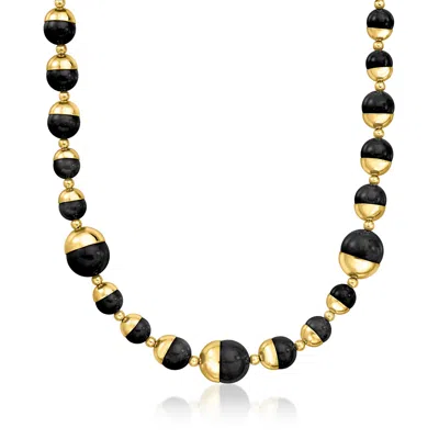 Ross-simons Italian 14kt Yellow Gold-plated Necklace With 10-16mm Black Agate Beads In Multi