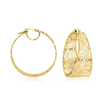 Ross-simons Italian 14kt Yellow Gold Textured And Polished Lace Hoop Earrings