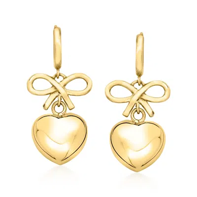 Ross-simons Italian 18kt Gold Over Sterling Bow And Heart Huggie Hoop Drop Earrings In Yellow