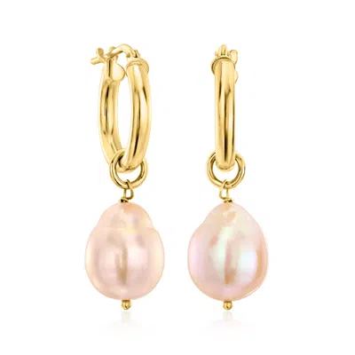 Ross-simons Italian 18kt Gold Over Sterling Hoop Earrings With Removable 10-11mm Peach Cultured Baroque Pearl Dr