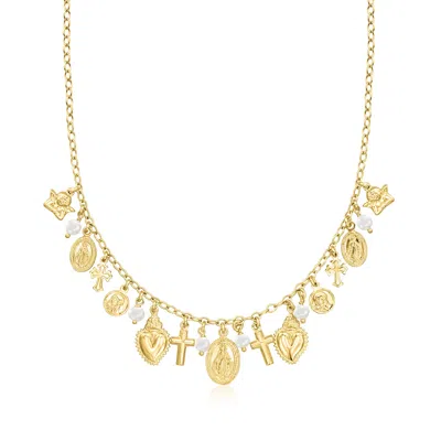 Ross-simons Italian 18kt Gold Over Sterling Religious-inspired Charm Necklace With 4.5-5mm Cultured Pearls