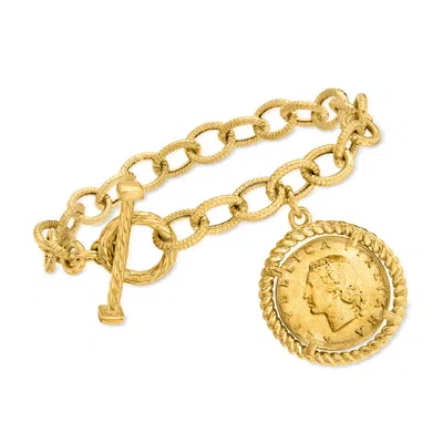 Ross-simons Italian 18kt Gold Over Sterling Replica Lira Coin And Oval Link Toggle Bracelet In White