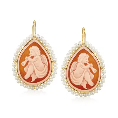 Ross-simons Italian 2-3mm Cultured Pearl And Orange Shell Angel Cameo Drop Earrings In 18kt Gold Over Sterling In Pink