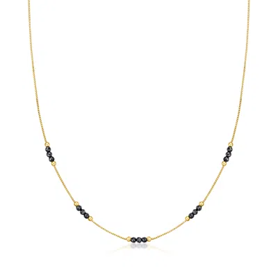 Ross-simons Italian 2mm Onyx Bead Trio Station Necklace In 14kt Yellow Gold