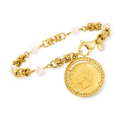 Ross-simons Italian 6mm Cultured Pearl And Replica Lira Coin Byzantine Bracelet In 18kt Gold Over Sterling In Multi