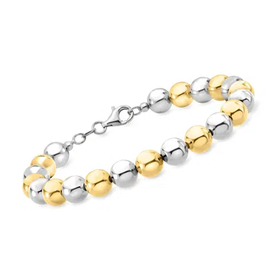 Ross-simons Italian 8mm Sterling Silver And 18kt Gold Over Sterling Bead Bracelet In Metallic