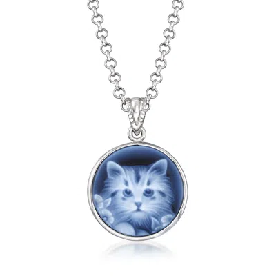 Ross-simons Italian Black Agate Cat Cameo Pendant Necklace In Sterling Silver In Multi