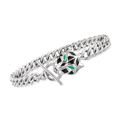 Ross-simons Italian Black And Green Enamel Panther Head Toggle Bracelet In Sterling Silver In Multi