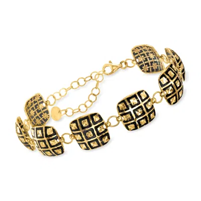 Ross-simons Italian Black Enamel Square-pattern Bracelet In 18kt Gold Over Sterling In Multi