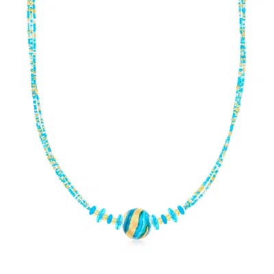 Ross-simons Italian Blue And Gold Murano Glass Bead Necklace With 18kt Gold Over Sterling In Multi