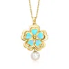 ROSS-SIMONS ITALIAN BLUE AND PINK ENAMEL FLOWER PENDANT NECKLACE WITH 6.5MM CULTURED PEARL IN 18KT YELLOW GOLD