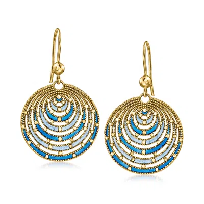 Ross-simons Italian Blue Enamel Circle Drop Earrings In 18kt Gold Over Sterling In Yellow