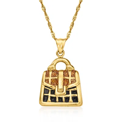 Ross-simons Italian Brown Glitter And Black Enamel Purse Pendant Necklace In 18kt Gold Over Sterling In Yellow