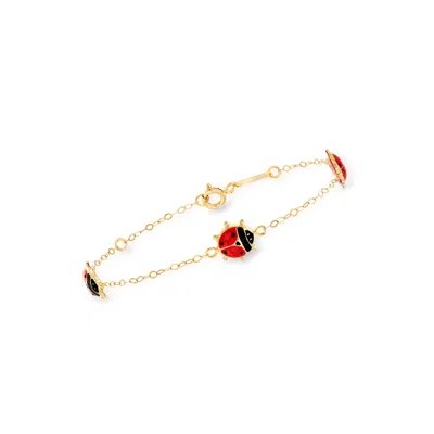 Ross-simons Italian Child's 18kt Yellow Gold Station Ladybug Bracelet With Red And Black Enamel In Multi
