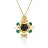 Ross-simons Italian Cultured Pearl, Black Onyx And Green Agate Pendant Necklace In 18kt Gold Over Sterling Silve In White