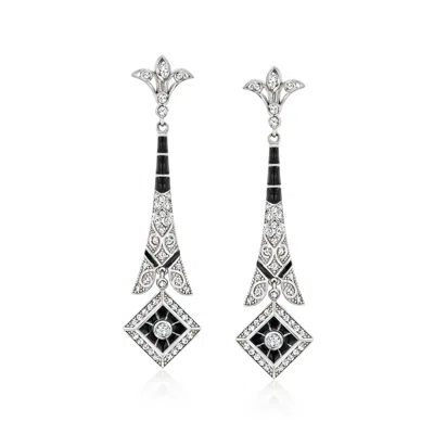 Ross-simons Italian . Cz And Black Enamel Drop Earrings In Sterling Silver In White