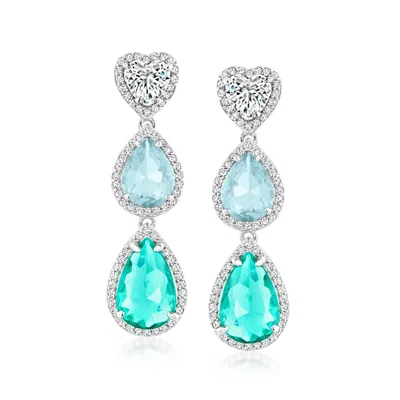 Ross-simons Italian Cz Heart Drop Earrings With Simulated Green Tourmalines And Simulated Aquamarines In Sterlin In Metallic
