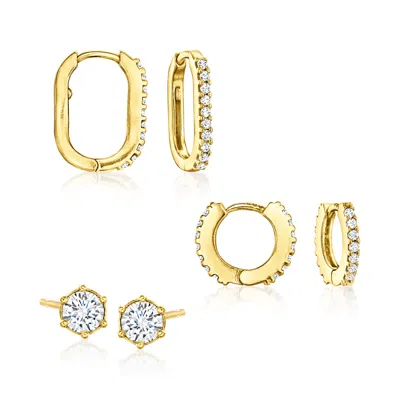 Ross-simons Italian Cz Jewelry Set: 3 Pairs Of Earrings In 18kt Gold Over Sterling In Silver