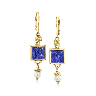 Ross-simons Italian Lapis And 5.5-6mm Cultured Pearl Drop Earrings In 18kt Gold Over Sterling In Blue
