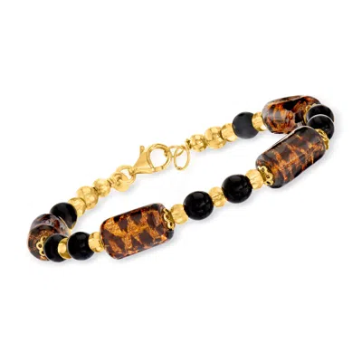 Ross-simons Italian Leopard-print Murano Glass Bead Bracelet In 18kt Gold Over Sterling In Multi