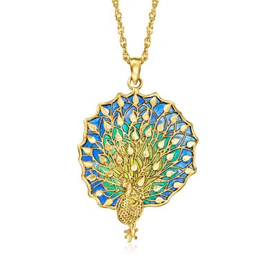 Ross-simons Italian Multicolored Enamel Peacock Pendant Necklace In 18kt Gold Over Sterling In Yellow