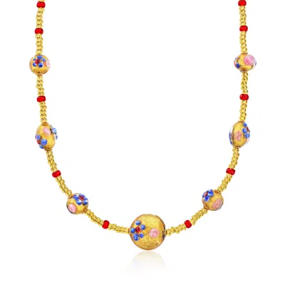 Ross-simons Italian Multicolored Murano Glass Floral Bead Necklace With 18kt Gold Over Sterling