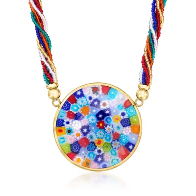 Ross-simons Italian Multicolored Murano Glass Millefiori Multi-strand Pendant Necklace With 18kt Gold Over Sterl In Blue