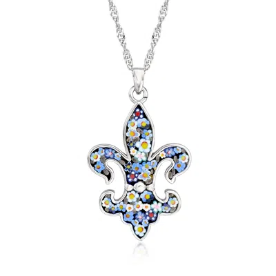 Ross-simons Italian Multicolored Murano Glass Mosaic Fleur-de-lis Pendant Necklace In Sterling Silver In Metallic