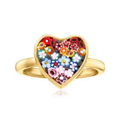 Ross-simons Italian Multicolored Murano Glass Mosaic Floral Heart Ring In 18kt Gold Over Sterling