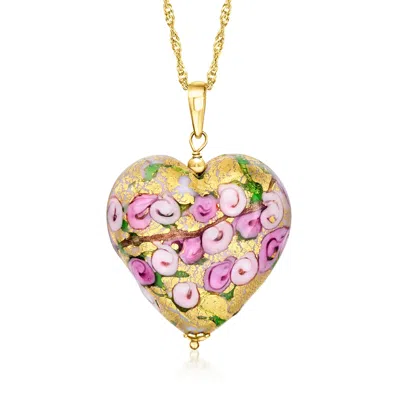 Ross-simons Italian Multicolored Murano Glass Rose Heart Adjustable Pendant Necklace In 18kt Gold Over Sterling In Yellow