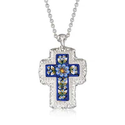Ross-simons Italian Murano Glass Mosaic Floral Cross Pendant Necklace In Sterling Silver In Multi