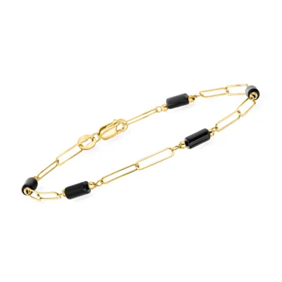 Ross-simons Italian Onyx Station Paper Clip Link Bracelet In 18kt Yellow Gold In Multi