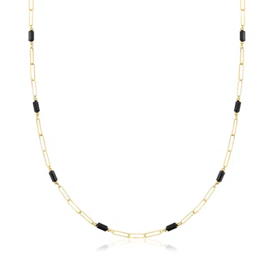 Ross-simons Italian Onyx Station Paper Clip Link Necklace In 18kt Yellow Gold