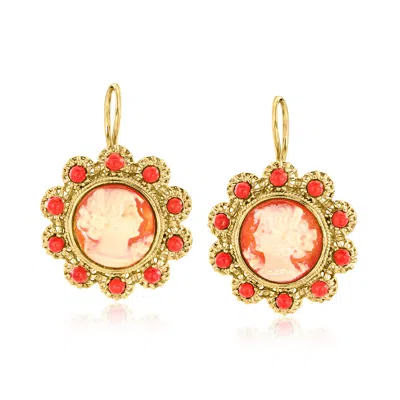 Ross-simons Italian Orange Shell Cameo Drop Earrings With Red Coral In 18kt Gold Over Sterling