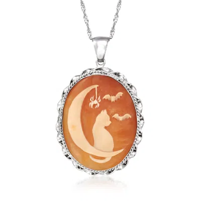 Ross-simons Italian Orange Shell Cat And Moon Cameo Pendant Necklace In Sterling Silver In Metallic