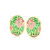 Ross-simons Italian Pink And Green Enamel Floral Earrings In 14kt Yellow Gold In Green