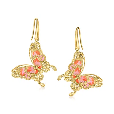 Ross-simons Italian Pink And Orange Enamel Butterfly Drop Earrings In 18kt Gold Over Sterling In Yellow