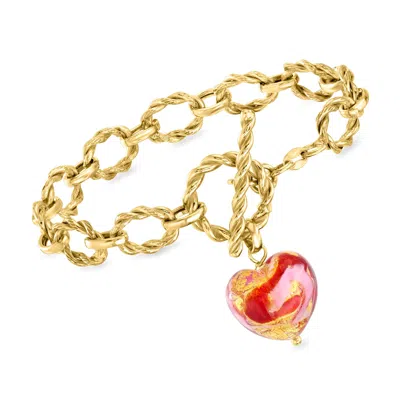 Ross-simons Italian Pink And Red Murano Glass Heart Charm Toggle Bracelet In 18kt Gold Over Sterling In Multi