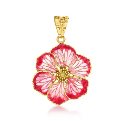 Ross-simons Italian Pink Enamel Flower Pendant In 18kt Yellow Gold