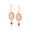 Ross-simons Italian Pink Porcelain Cupid Cameo Drop Earrings With Rhodolite Garnets In 18kt Gold Over Sterling In Red
