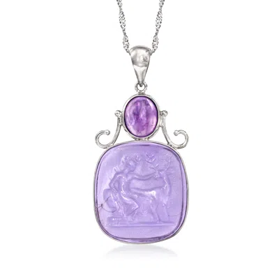 Ross-simons Italian Purple Venetian Glass And Amethyst Pendant Necklace In Sterling Silver