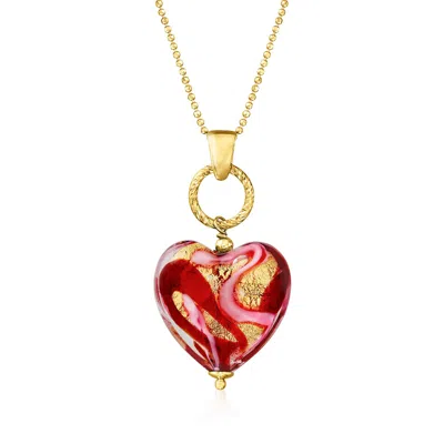 Ross-simons Italian Red And Pink Murano Glass Heart Necklace In 18kt Gold Over Sterling In Multi