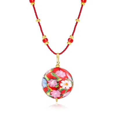 Ross-simons Italian Red Murano Glass Floral Disc Pendant Necklace With 18kt Gold Over Sterling
