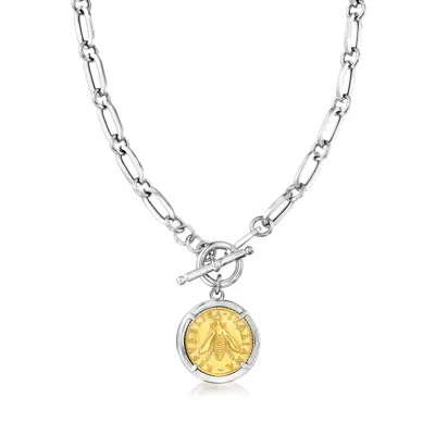 Ross-simons Italian Replica Bee Lira Coin Necklace In Sterling Silver And 18kt Gold Over Sterling In Multi