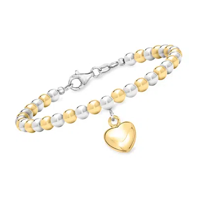 Ross-simons Italian Sterling Silver And 18kt Gold Over Sterling Heart Bead Bracelet In Multi