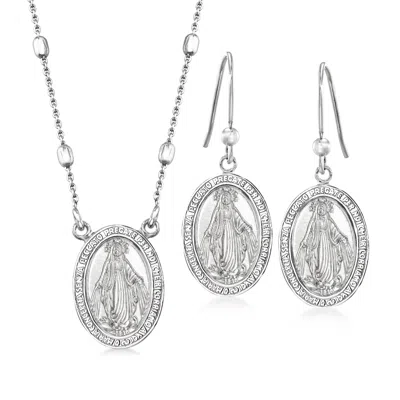 Ross-simons Italian Sterling Silver Miraculous Mary Medal Jewelry Set: Necklace And Drop Earrings